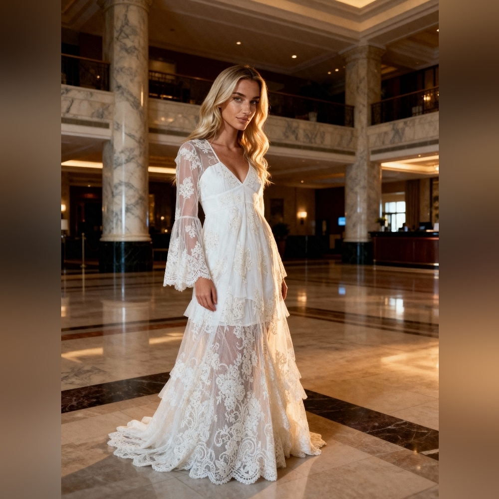 Jen's Pirate Booty Cream V Neck Bell Sleeve Gown